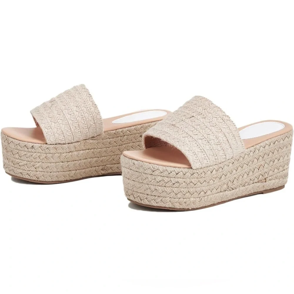 Beige Braided Espadrille Platform Slide Sandals - Women